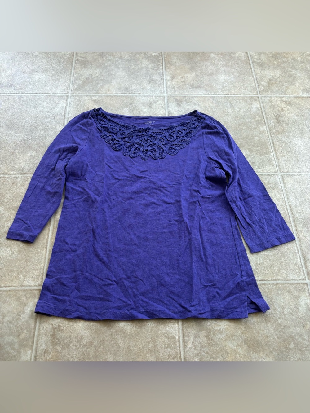 LOFT Purple Crochet Yoke Long Sleeve Tee